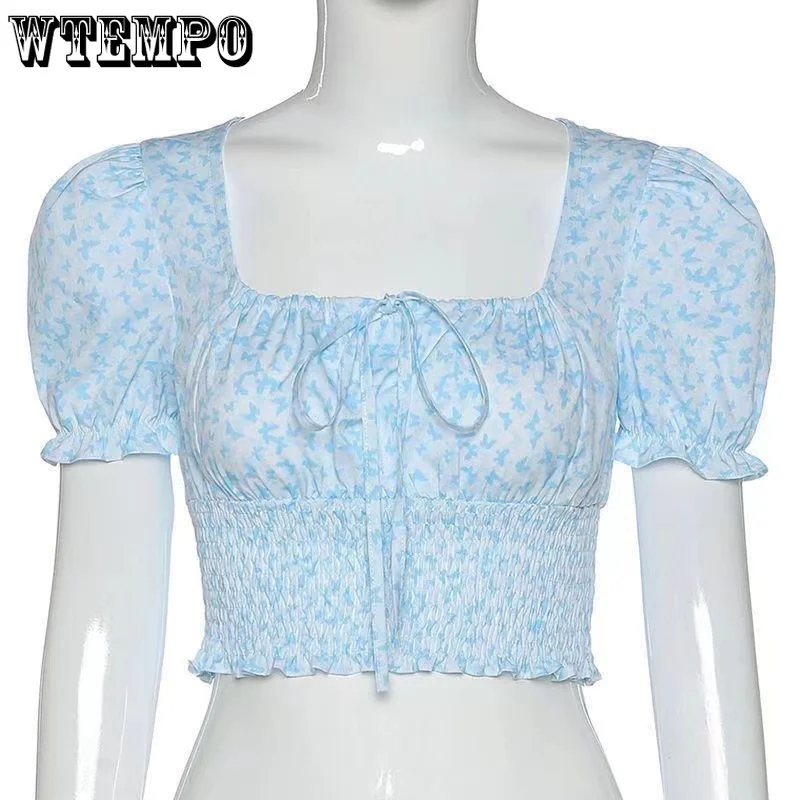 Floral Top Summer Women Chiffon Shirts French Square Collar Puff Sleeves Blouses Sweet Bow Pleated Crop Tops Sexy Short Blouse