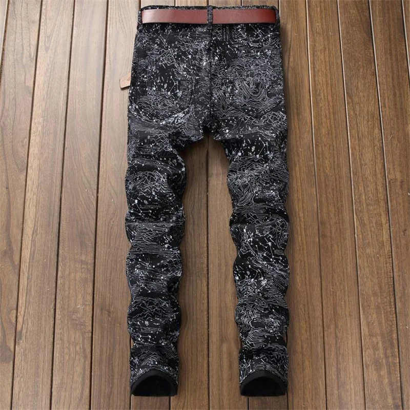 New america digital black jeans men printed pants slim fit pants men fashion elastic force Small feet trousers leisure fashions
