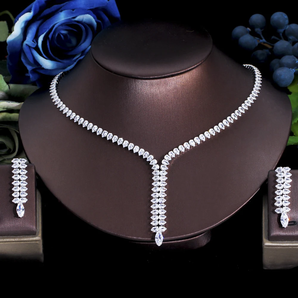 

ThreeGraces Bling Cubic Zirconia Long Geometric Dangle Earrings Necklace Set for Women Romantic Wedding Prom Dress Jewelry TZ692