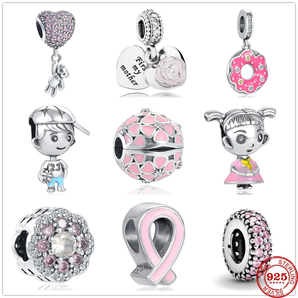 New 925 Sterling Silver Rose Girl Boy Pink Sparkle Spacer Clip Charm bead Fit Original Pandora Bracelet DIY Jewelry For Women images - 6