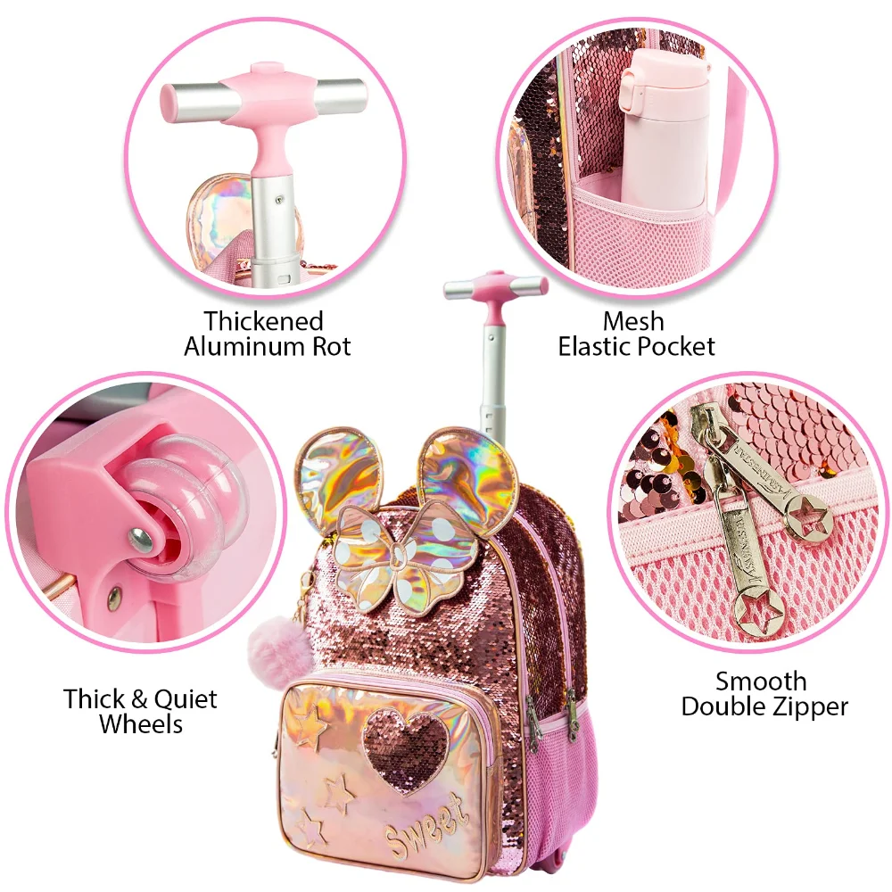 Bikab 3PC School Bags for Girls with Wheeled Bag Sequin Cartoon Cute  16