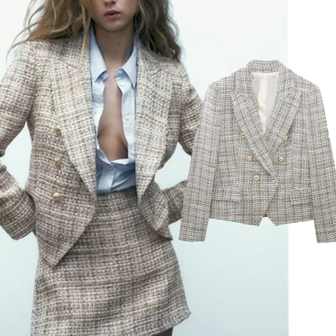 

Dave&Di England Style Texture Tweed Double Jacket Women Breased Fashion Blazers Casual Tops