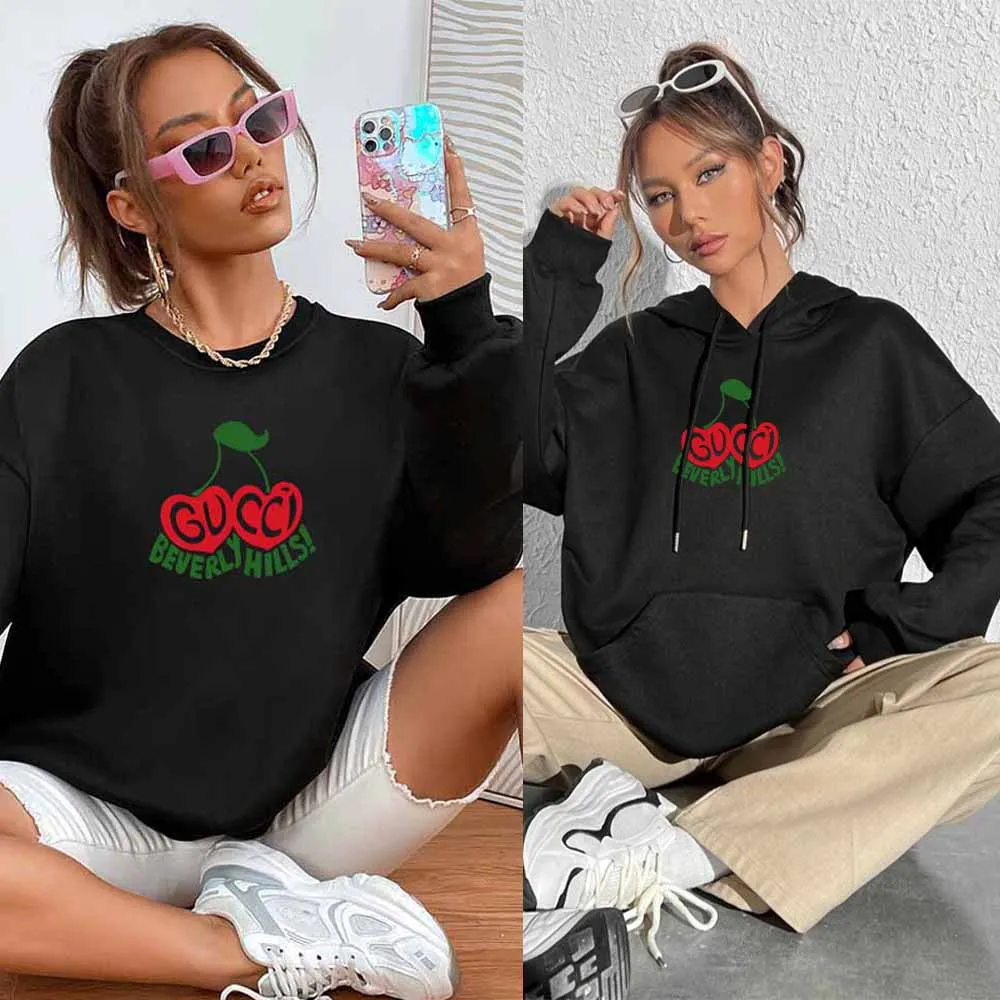 

New Women's Autumn Hoodies Cherry Pattern Print Sweatshirts Comfortable Round Neck Pullover Long Sleeve Loose Fashion Top
