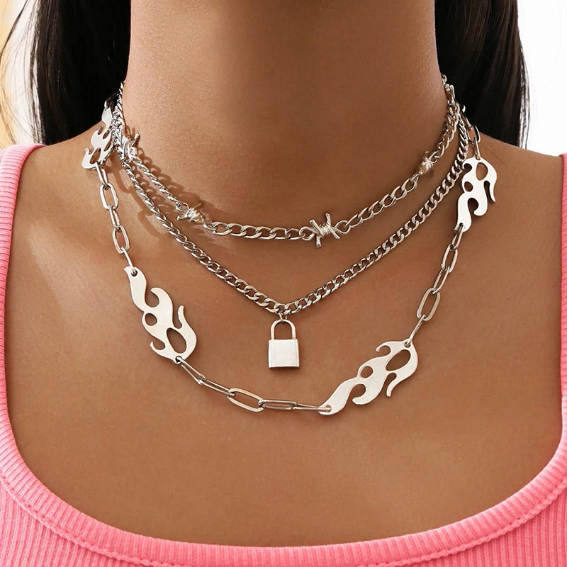 

3Pcs Exaggerated Multi-layer Lock Necklace Multi-element Fire Cloud Necklace Hip Hop Rock Ladies Party Jewelry Wholesale