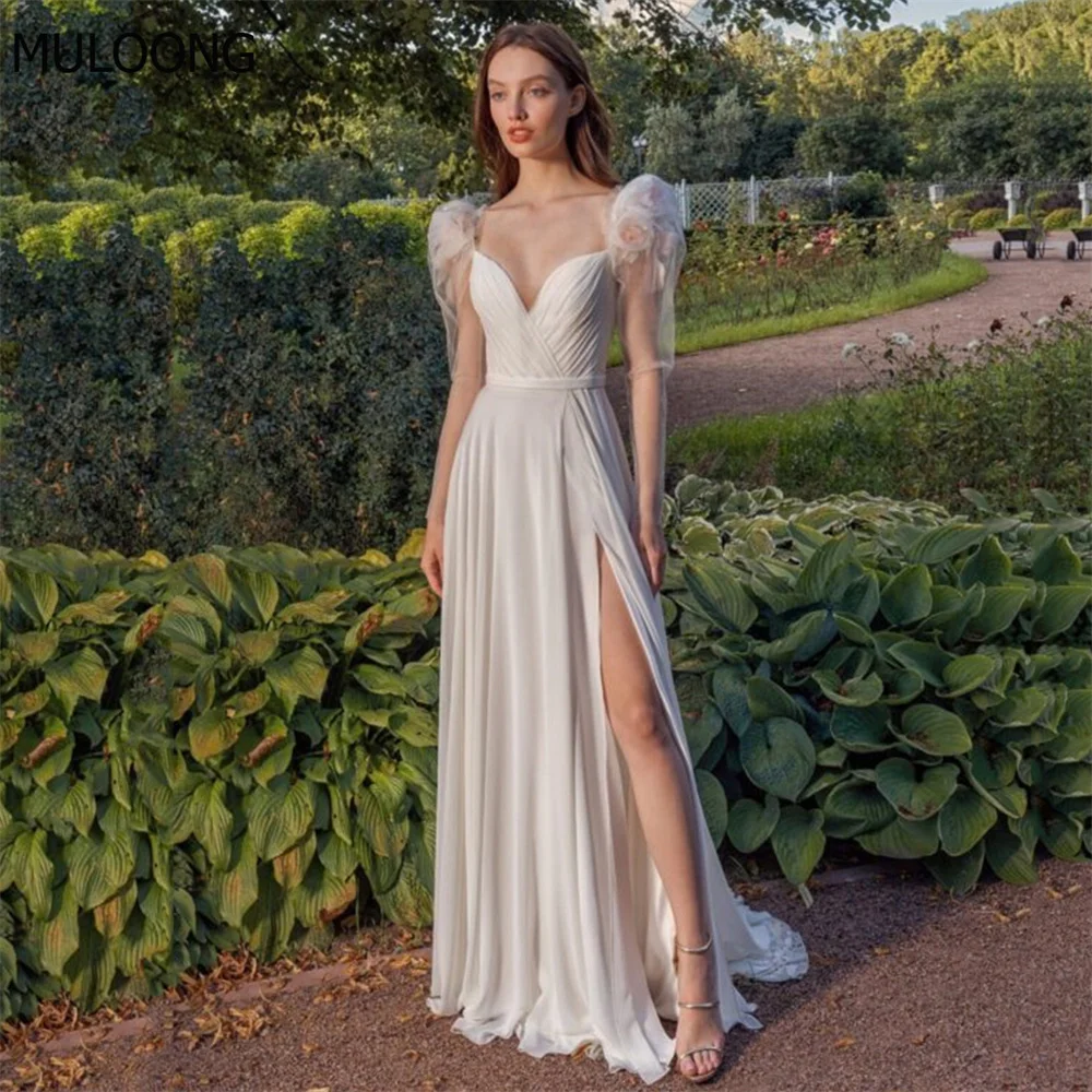 

MULOONG Elegant Sweetheart Short Puff Sleeve Backless Pleat Wedding Dress Floor Length High Side Slit Sweep Train Gown New 2023