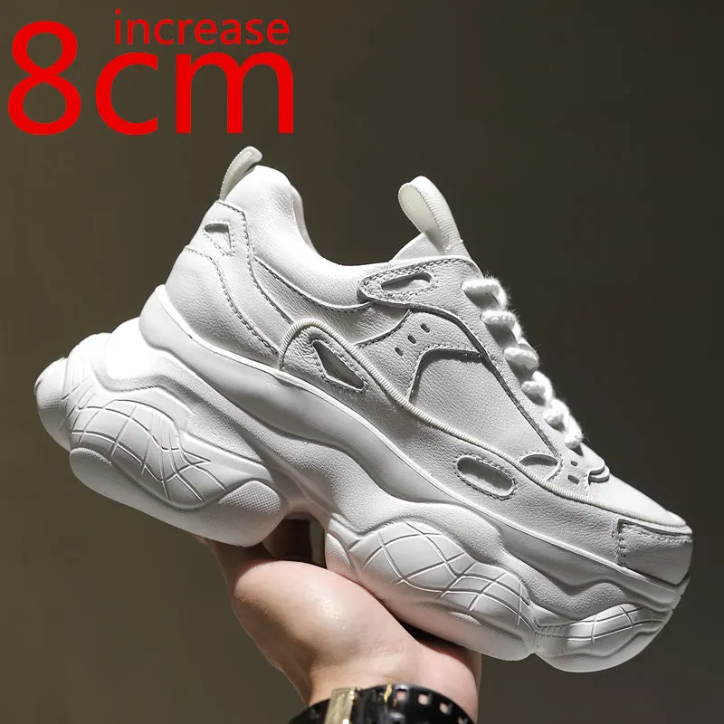 

Platform Shoes Women's Genuine Leather Spring Heightening 8cm White Sports Shoes Light Thick Soled Casual Shoes Women's Sneakers