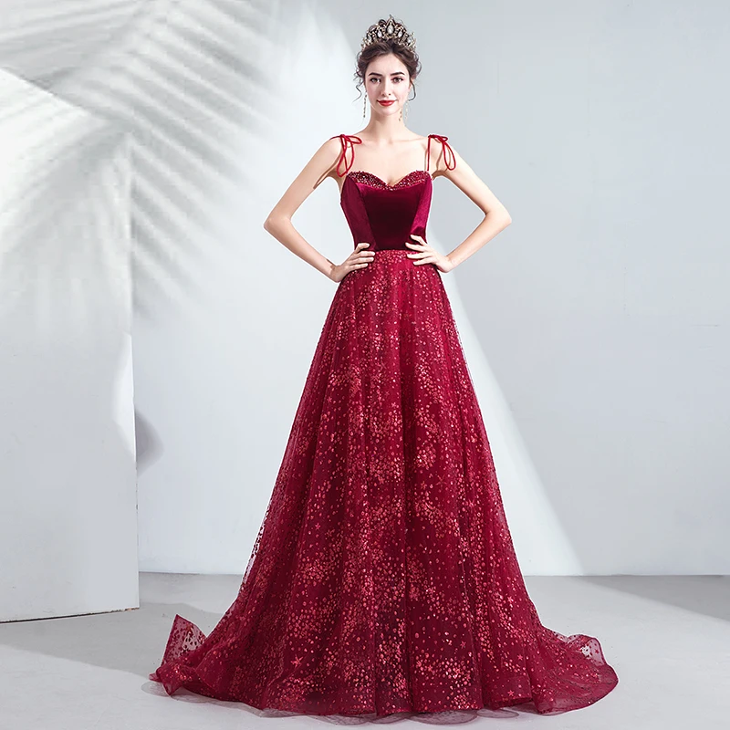 

Wedding Dress Burgundy Sequins Strapless Sexy A-Line Elegant Backless Lace Up Floor-Length Plus Size Women Formal Gowns TS128