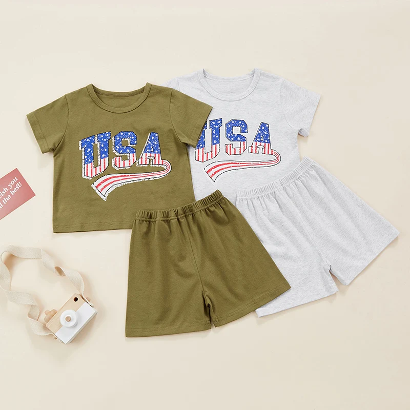 

Kids Baby 4th of July Outfit Boy Girl Oversized Romper/Shirts+Shorts Retro American Flag Matching Clothes
