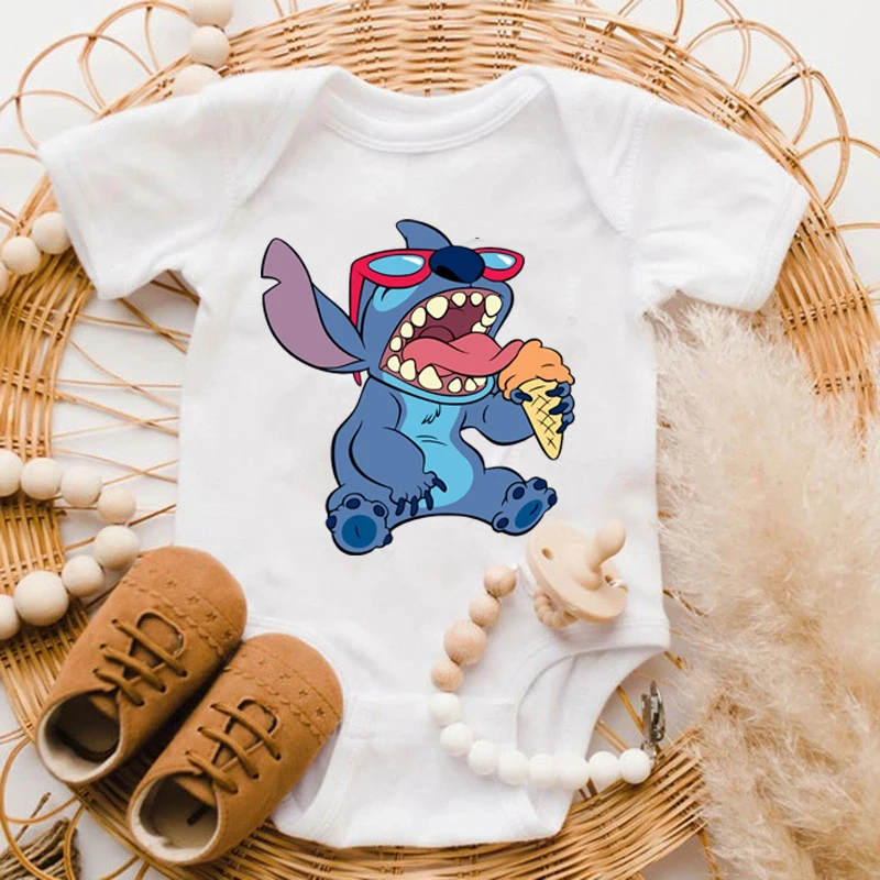 

Комбинезоны для новорожденных девочек, модная одежда с графическим рисунком из Диснея, повседневная Милая одежда с рисунком ститча съедобн...