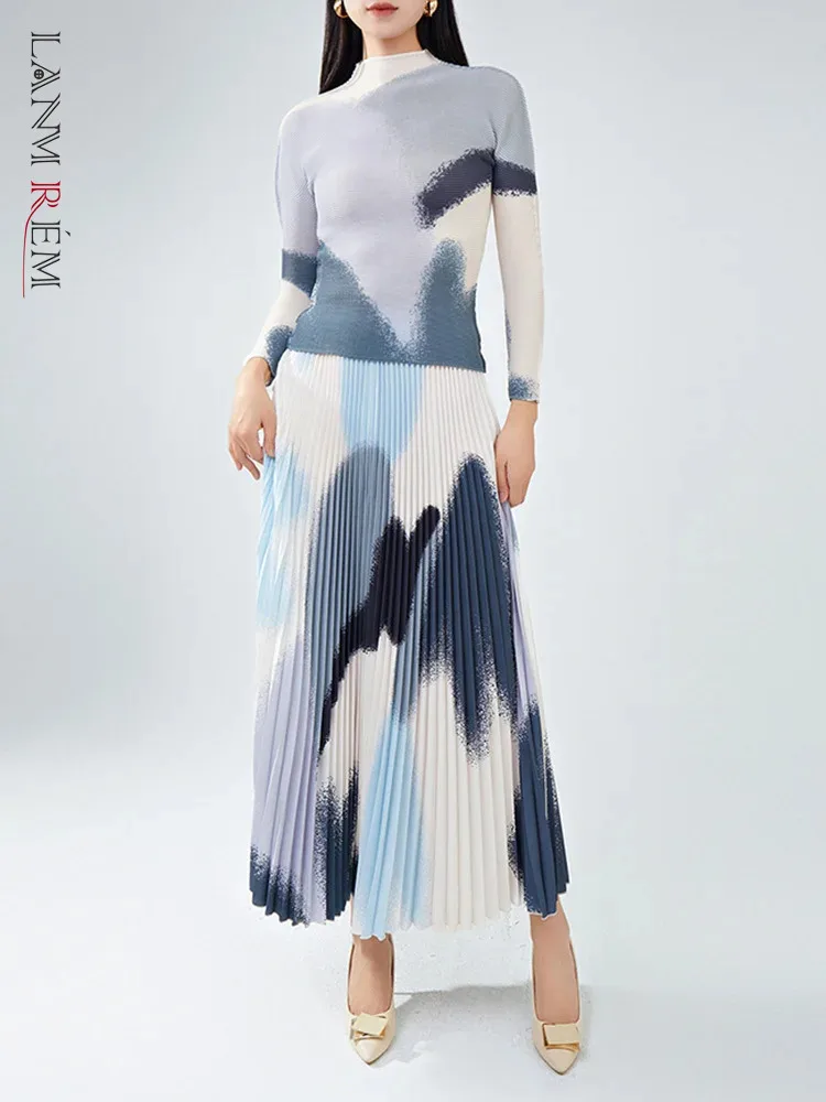 

LANMREM High End Print Sets Women Turtleneck Long Sleeves Slim T Shirt With Big Skirts Female Fashion Clothes 2023 New 2DA2356
