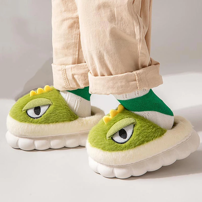 

Shevalues Winter Plush Slippers Children Fashion Dinosaur Plush Slides Furry Warm Slides Home Antiskid Soft Sole Cotton Slippers