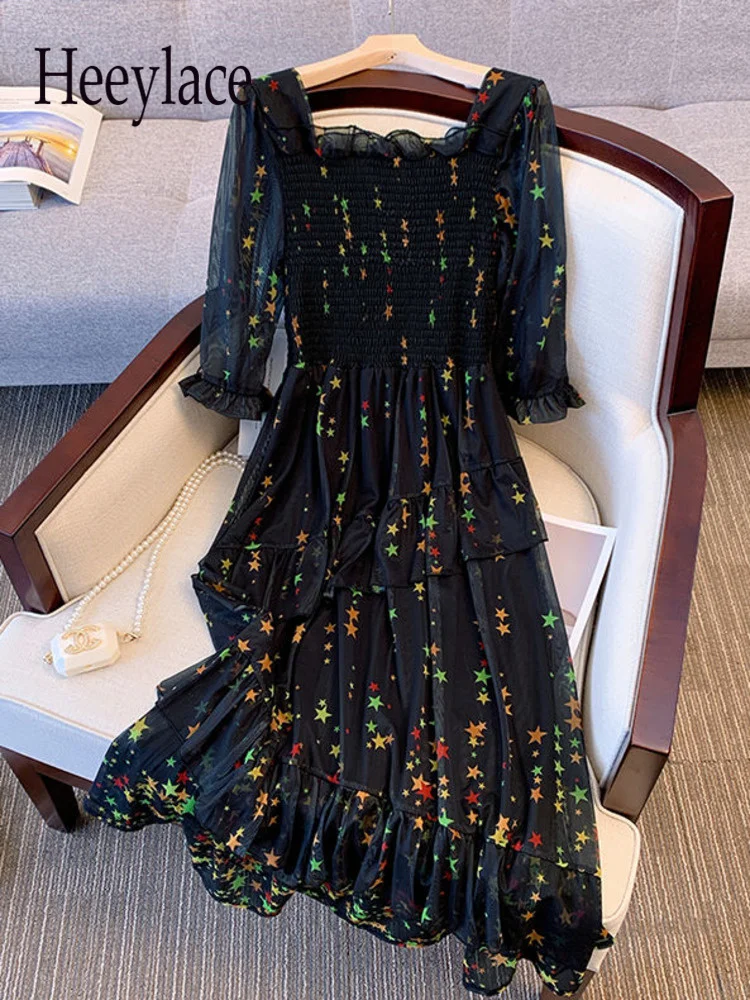 

Retro Midi Dress Women 2022 Summer French Vinatge Square Collar Stars Mesh Maxi Dresses Korean High Waist A-line Women Clothing