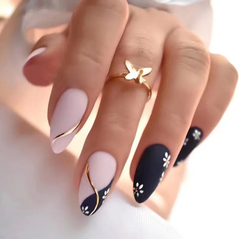 

24Pcs Artificial Fake Nails with Glue Almond Full Cover Nail Tips Oval Head Wave Line Design False Nails DIY Press on Nails