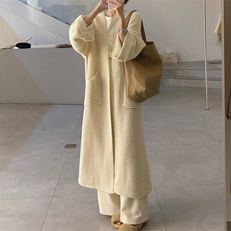 

Autumn Winter Casual Cardigan Women Solid Coarse Wool Pocket Loose Full Sleeve Female Sweater Warm Long Knitted Coat Ladies A52
