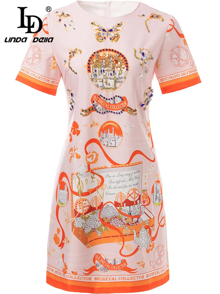 

LD LINDA DELLA 2023 Новое подиумное летнее Короткое платье женское с коротким рукавом с блестками и бриллиантовым принтом винтажное мини платье