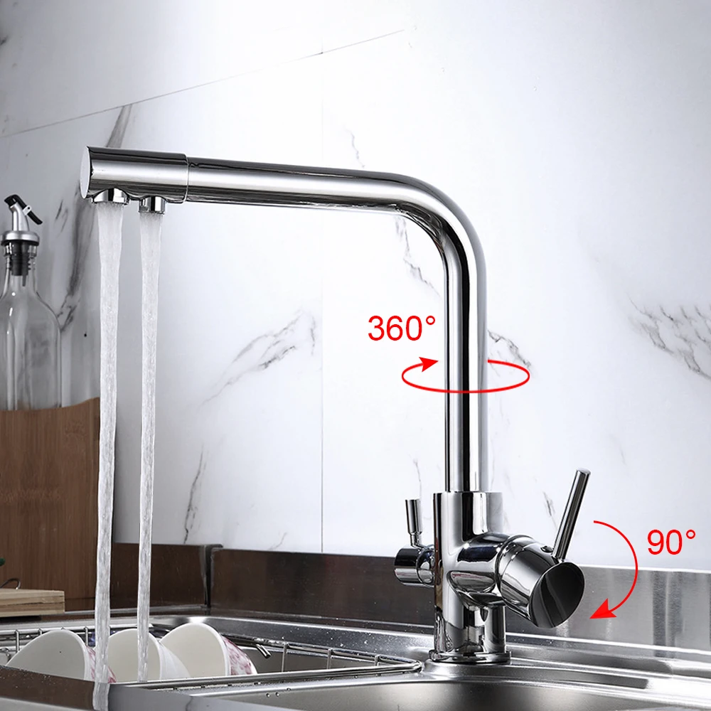 

With Dual Handle Kitchen Filtered Faucet 3 Way 360° Swivel Luxury Double Outlet Mixer Taps Hot and Cold Brass Drinking Water Tap