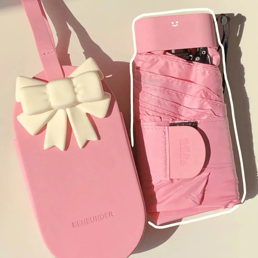 

6 Folds Pink Sun Umbrella with Storage Bag Girls Gift Mini Sunshade Sunscreen UV Protection Flat Folding Umbrella