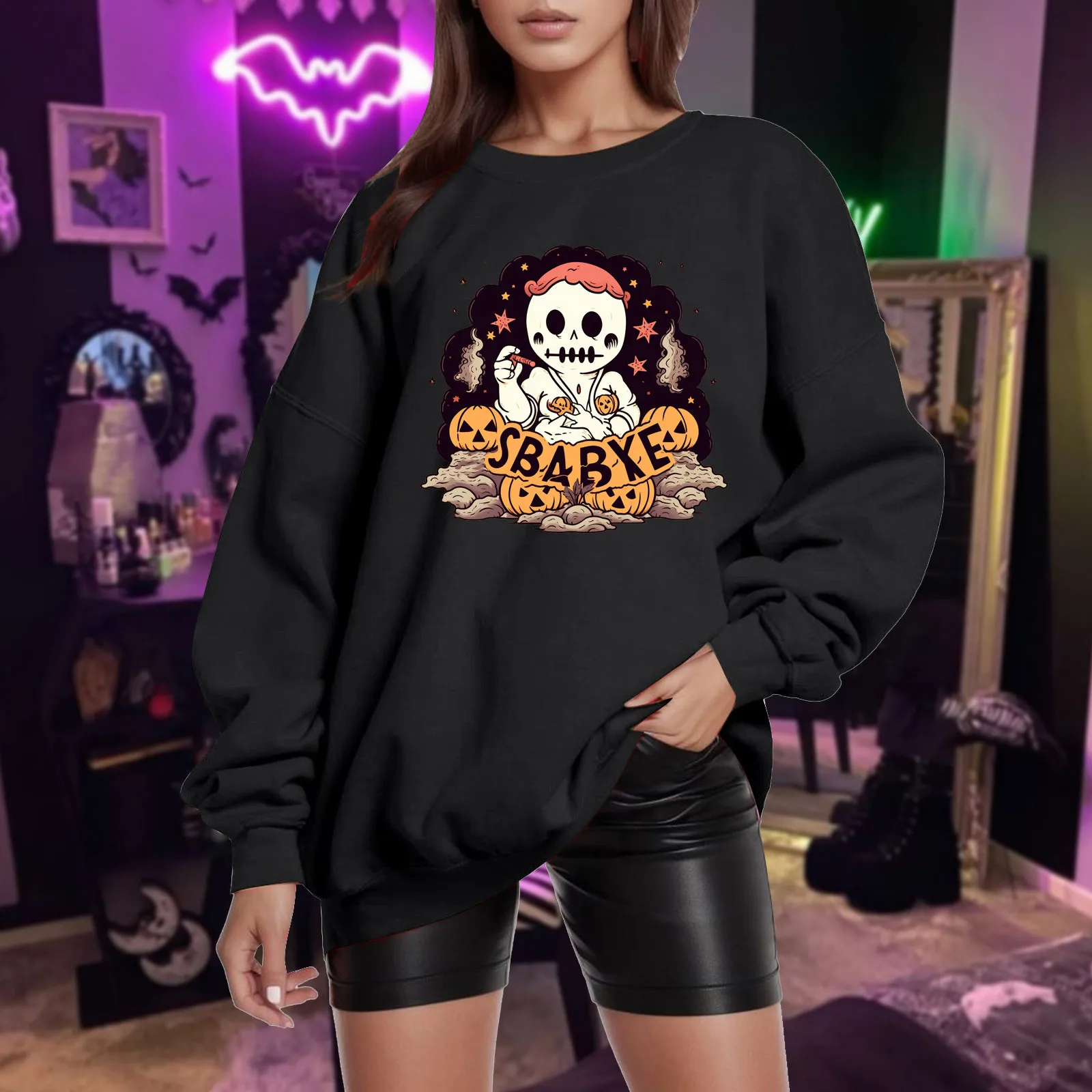 

Halloween Pumpkin Doll Print Sweatshirt For Ladies Women'S Loose Solid Color Long Sleeve Pullover Streetwear Casual Hoodie