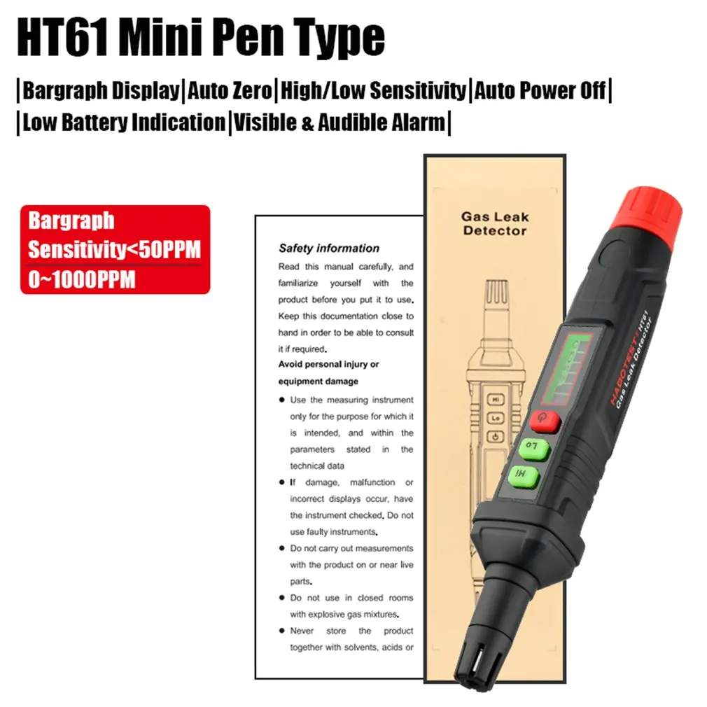 

HT61 Gas Leak Detector Portable Handheld Natural Gas Analyzer PPM Meter Alarm Combustible Flammable Methane 87HA LCD Display