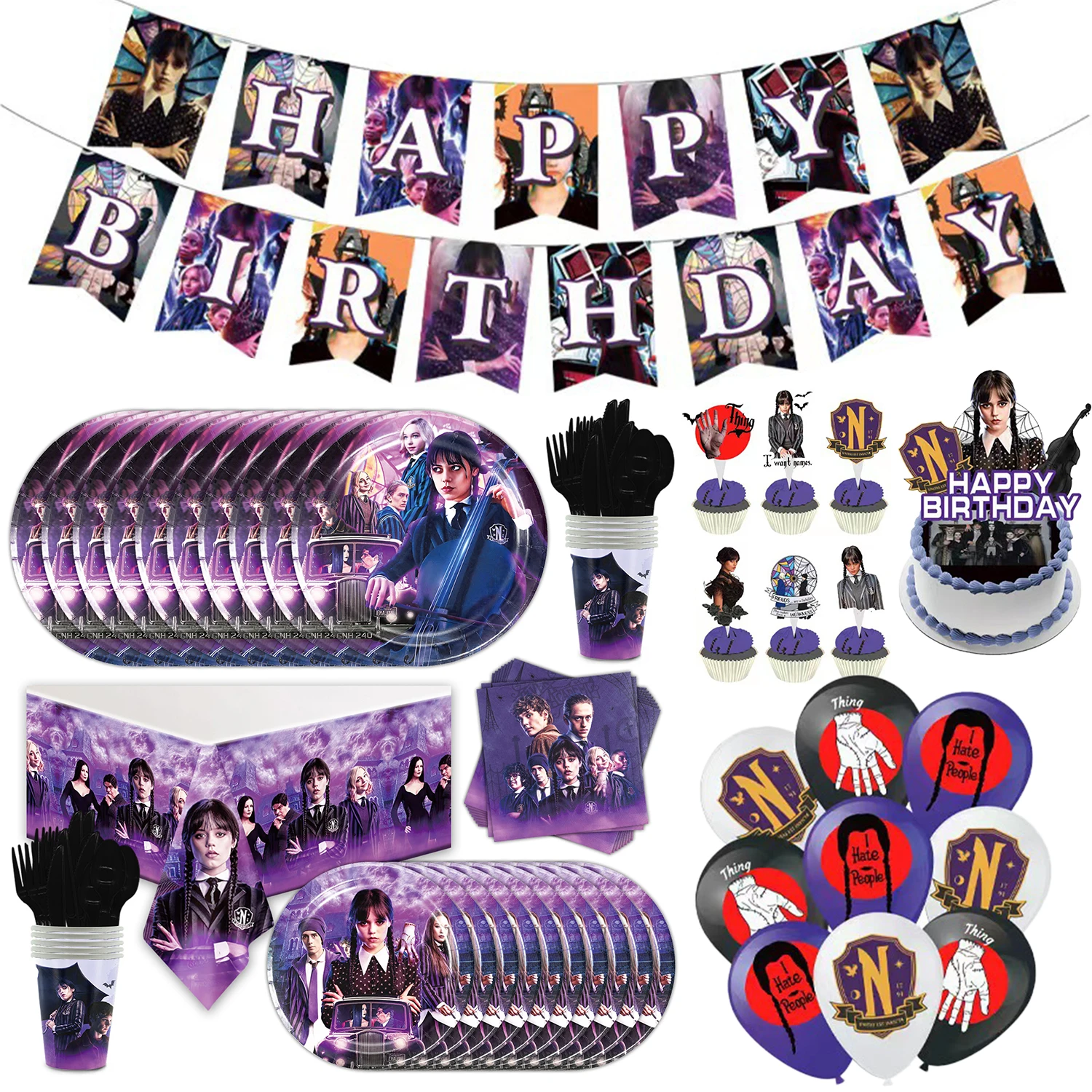 

Wednesday Addams Party Decorations Cake Plate Topper Decorative Supply Disposable Cups Birthday Supplies Banner Backdrop Balloon