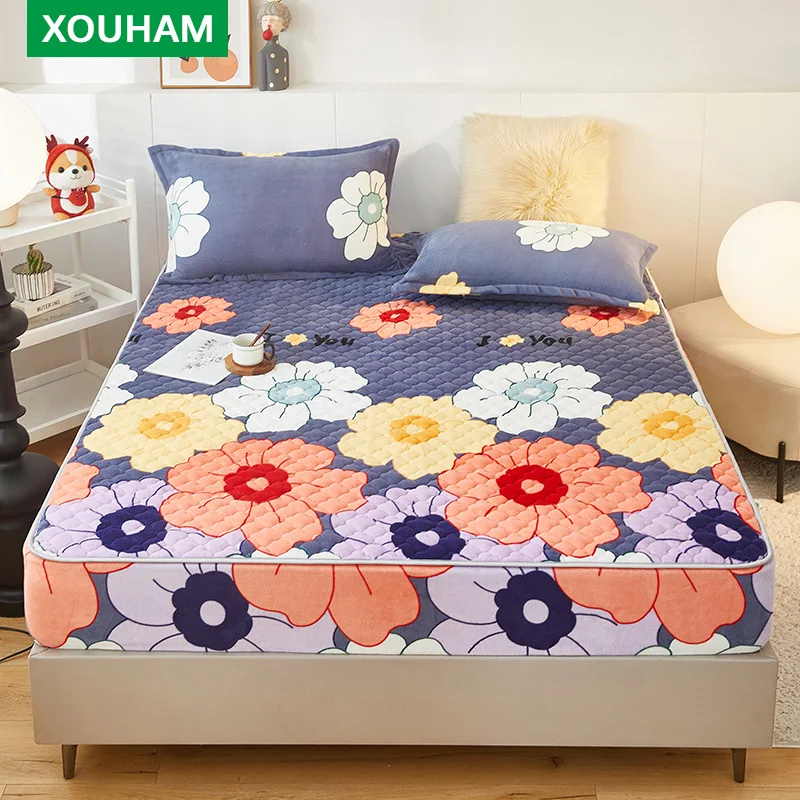 

XOUHAM Milk Velvet Quilted Fitted Sheet Multiflora Printed Fitted Cover Non Fading Bedding 3 PCS (1 Fitted Sheet + 2 Pillowcase)