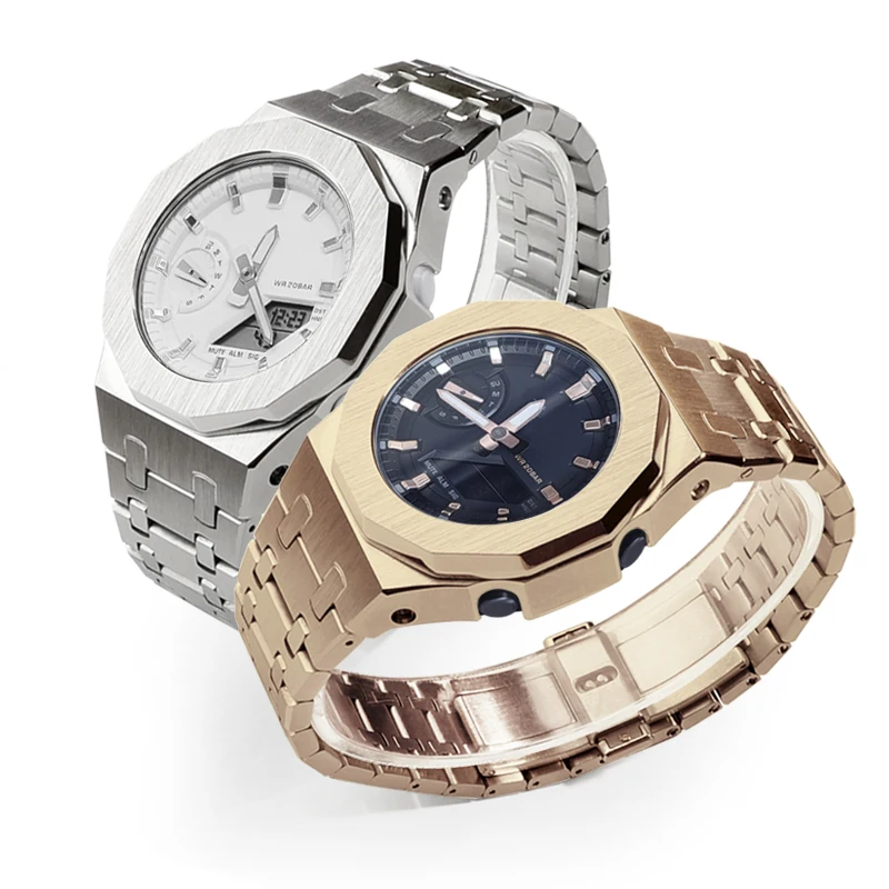 For GMA-S2100 Mod Kit for Casioak GMAS2100 Metal Steel Case Bezel with Tool Female Fluoro Rubber Strap for GMA-S2100 Accessories