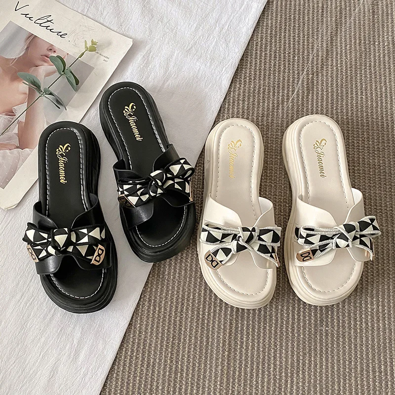 2022new fashion women's platform sandals summer beach shoes bow color matching comfortable soft women slippers designer Outside