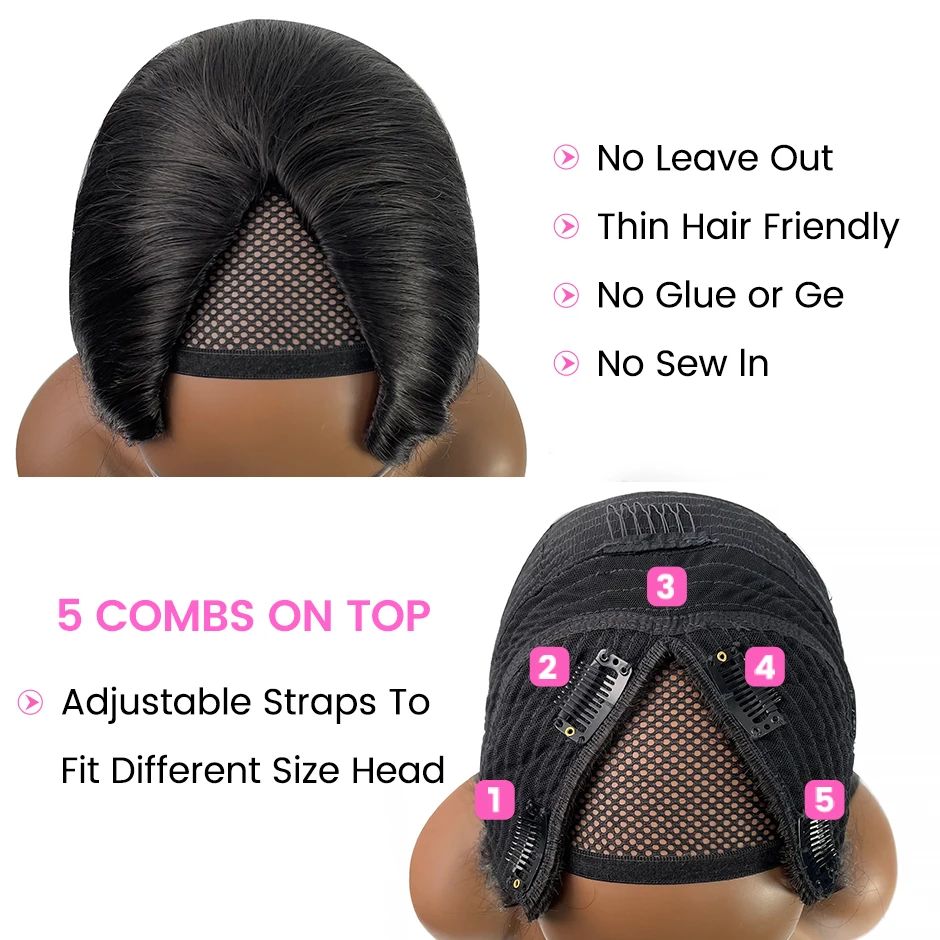 Курчавые прямые парики из человеческих волос с V-образным вырезом без кружева для