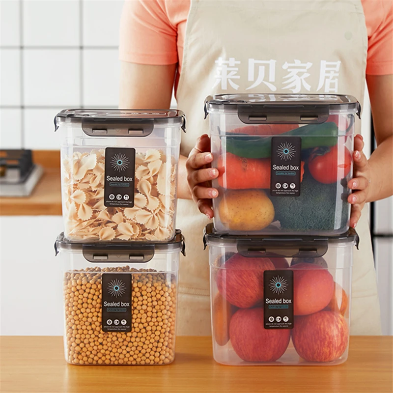 

Plastic Food Containers with Lids Grains Storage Cans Keep Dry Rice Bucket Sealed Organizer Tanks Kitchen Cereal Dispenser Box