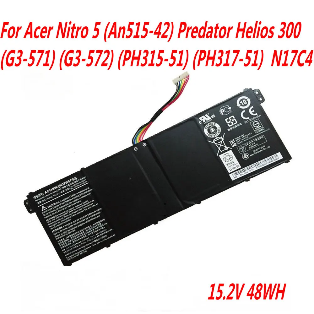 

15.2V 48WH Laptop Battery For Acer Nitro 5 (An515-42) Predator Helios 300 (G3-571) (G3-572) (PH315-51) (PH317-51) N17C4