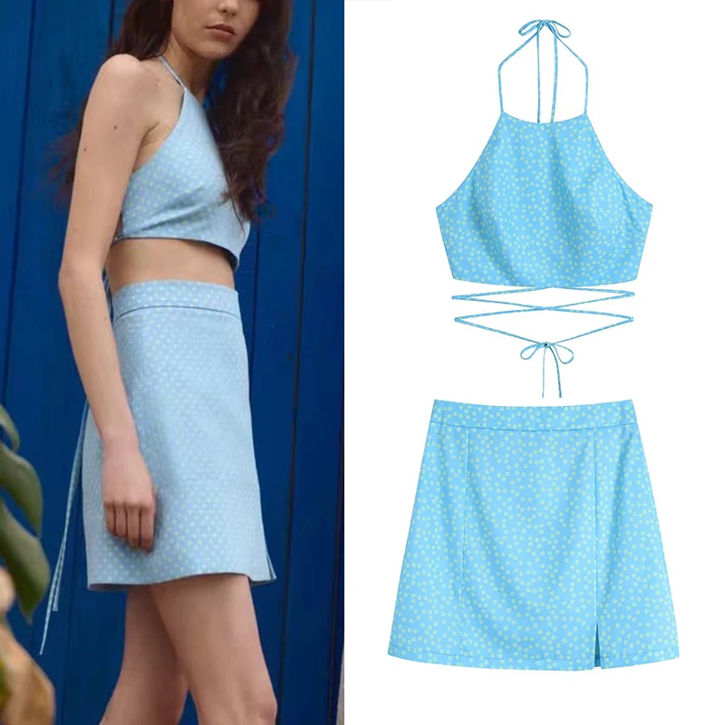

Summer 2022 Women Sets Polka Dots Sexy Backless Cropped Tops With High Waist A Line Mini Skirts Female Streetwear Wear Sets
