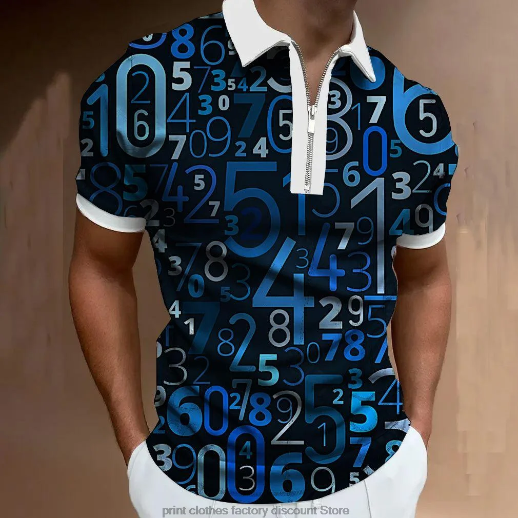 

2022 New Men's Polo Shirt Summer Digital Splicingr With Zipper Checkered T-shirt Short Sleeve Tops Number Printing Men'Clothes