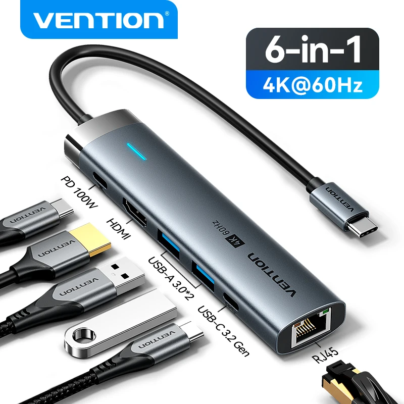 Фото Vention USB C HUB Type C to HDMI 4K60Hz RJ45 PD 100 Вт Адаптер для Macbook iPad Pro Air M2 M1 Sumsang Аксессуары для ПК USB 3.0 HUB №1