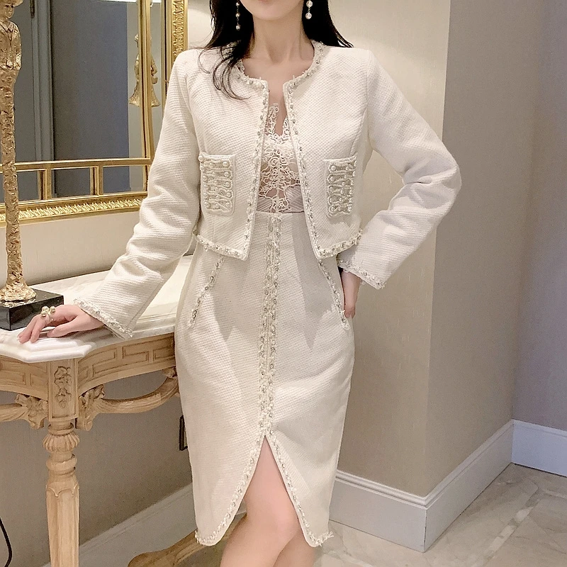 High-quality autumn  winter fashion slim two-piece new beaded tweed jacket + skirt women's elegant and gentle temperament suit
