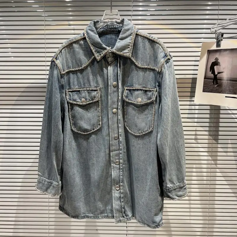 

2022 Spring Fall New Rhinestone Chain Edge Double Pocket Washed Denim Jacket Female Outer Wear Shirt Coat Vintage Jeans Jackets