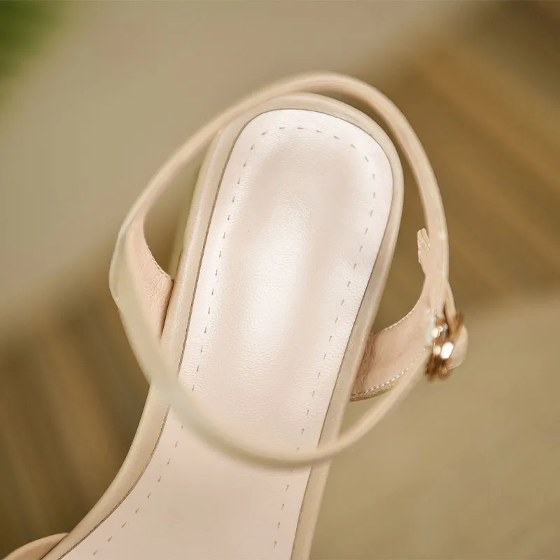 Women Sandals 2023 Summer Ladies Square Open Toe Thick Heels Sexy Apricot Beige Sandals