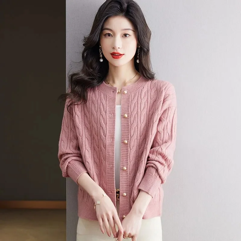 100% норковый кашемировый кардиган свитер Женский вязаный Топ с круглым вырезом и