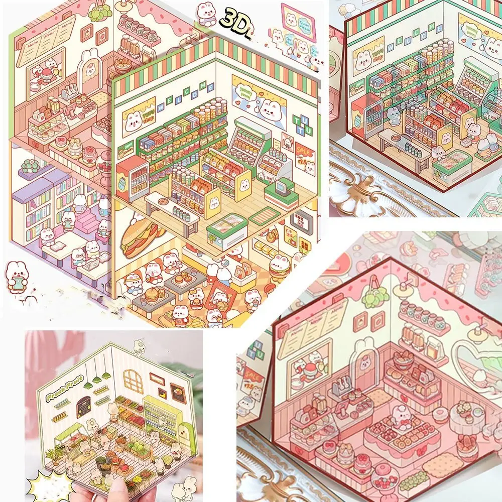 Мультяшные миниатюрные сцены 3D наклейки визуальное укладка трехмерные пейзаж