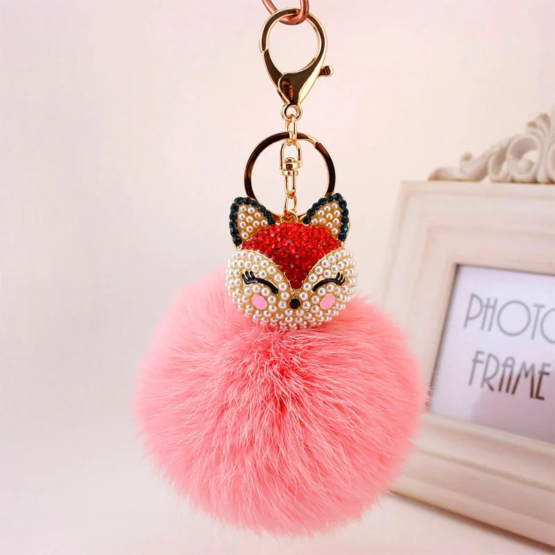 

Креативное кольцо для ключей из сплава с бриллиантовой лисой и шариком из кроличьей шерсти, женский кулон для сумки, маленький подарок