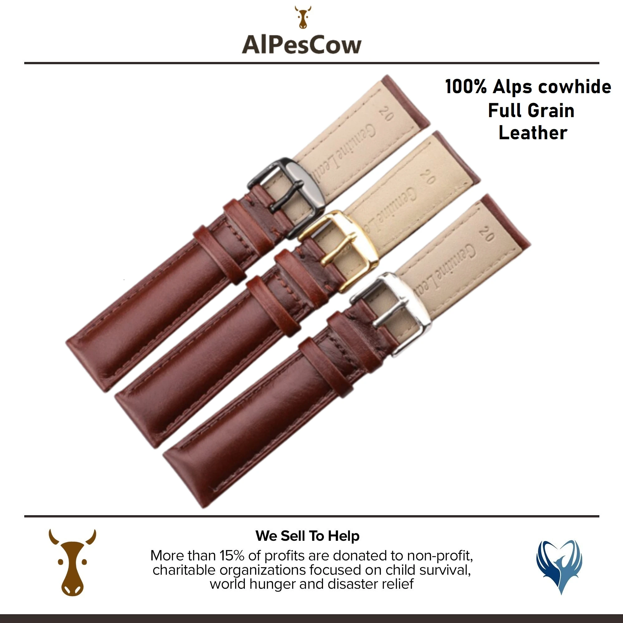 AlpesCow Leather Watch Band Bracelet 18 19 20 21 22 24mm Brown Black Women Men Soft Strap With Silver Gold Pin Buckle Watchband