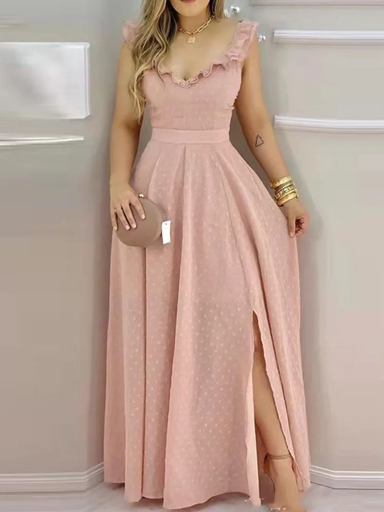 

Женское длинное платье макси в горошек с оборками и разрезом сзади