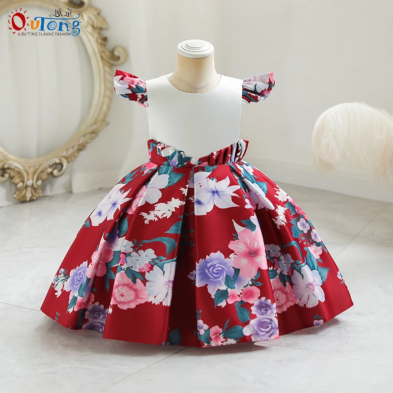 

Outong Ruched Child Girl Baby Birthday Dress Designer Novelty Flower Clothes Celebration Party Toddler Patchwork Floral Dresses