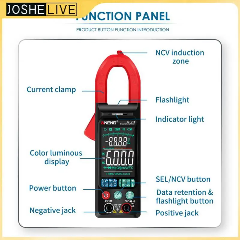 ANENG ST211 Digital Clamp Meter 6000 Counts Multimeter DC/AC Voltage Current Tester Car Amp Hz Big Color Screen NCV Ohm Test