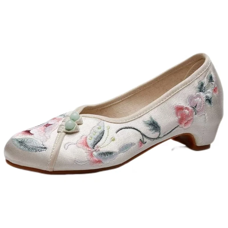 2024 женские весенне-осенние туфли на мелком шелковом каблуке с вышивкой Cheongsam