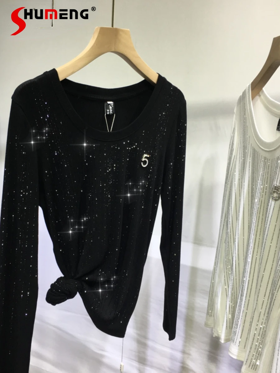 

Heavy Industry Shiny Rhinestone T-shirt Bottoming Shirt Women Round Neck Long Sleeve Black White Inner Outer Wear Tshirt Tops