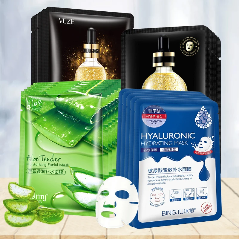 

30PCS/Lot Moisturizing Facial Mask Face Lot Shrink Pores Beauty Bulk Aloe Vera Sheet Masks Wholesale Skincare Set For Men Women