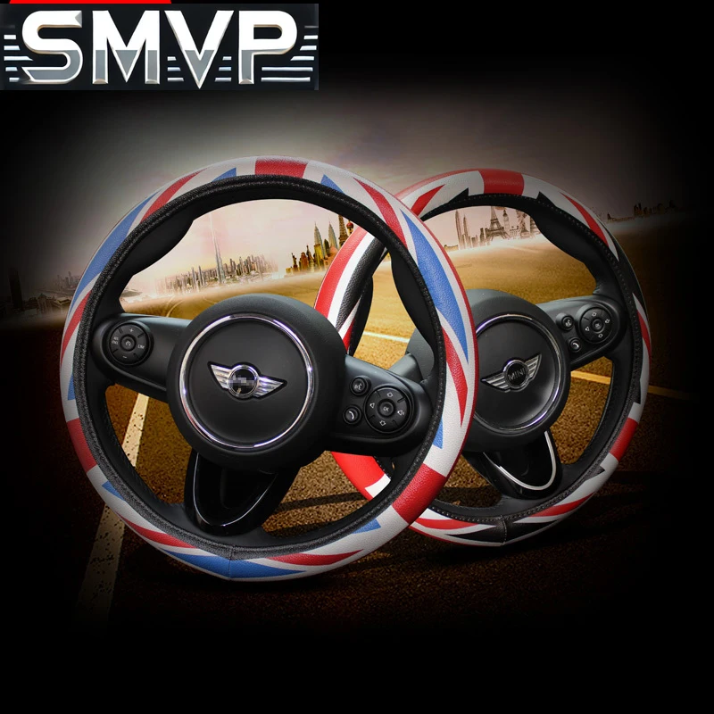 Фото Подходит для автомобильного чехла на руль Portector Leather Union Jack Decor для Mini Cooper One S JCW R55 R56 F60 Countryman Clubman Acc №4
