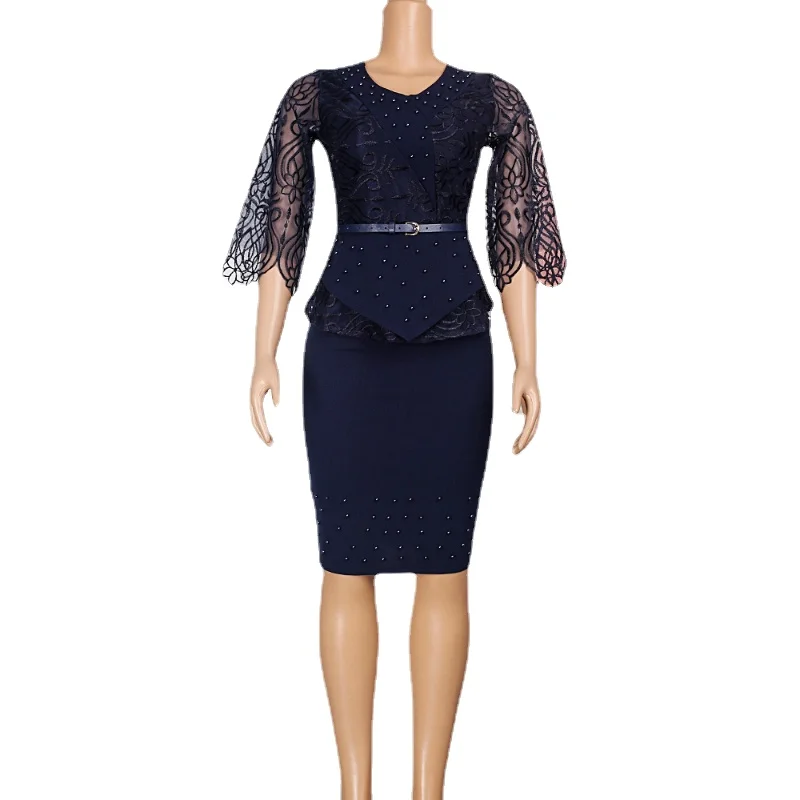 

Платье в африканском стиле для женщин 2023, облегающее платье с кружевным рукавом и бусинами, элегантное офисное женское платье, женская одежда