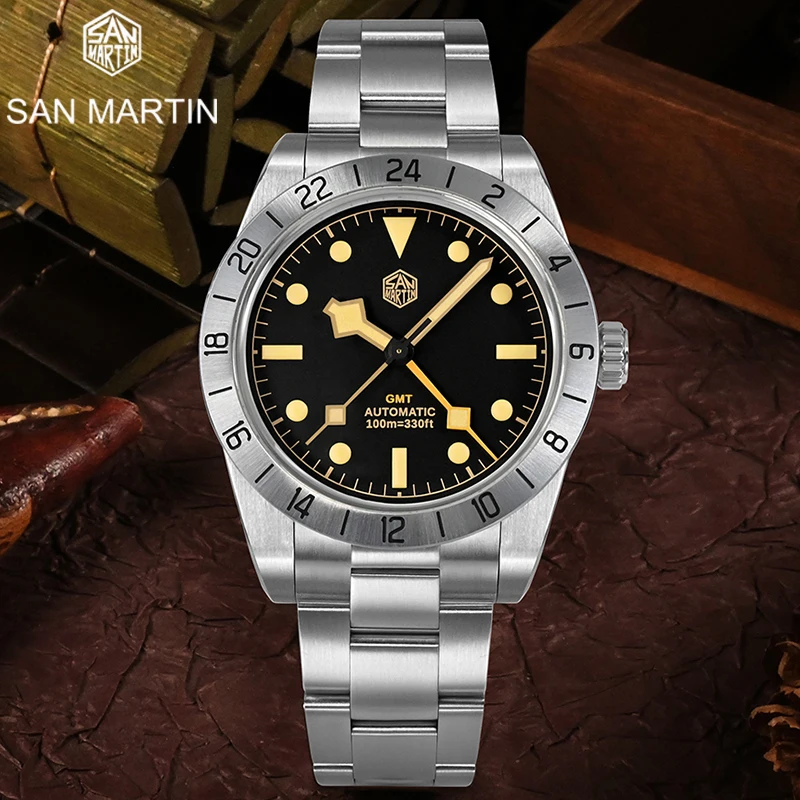 

San Martin BB GMT Vintage Luxury Men Watch 316L Stainless Steel Bezel Automatic Mechanical Diving Watch Sapphire Crystal C3 Lume