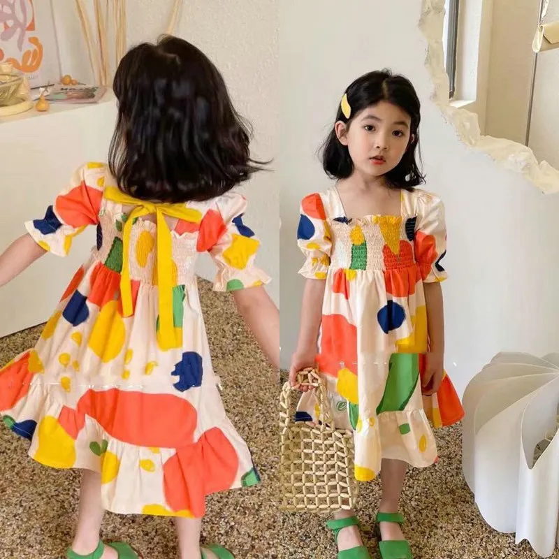 

Children Dresses 2022 New Fashion Summer Dress Print Kids Casual Dress For Girls Crinkled Colorblock Lace-Up Princess Dress 2-6Y